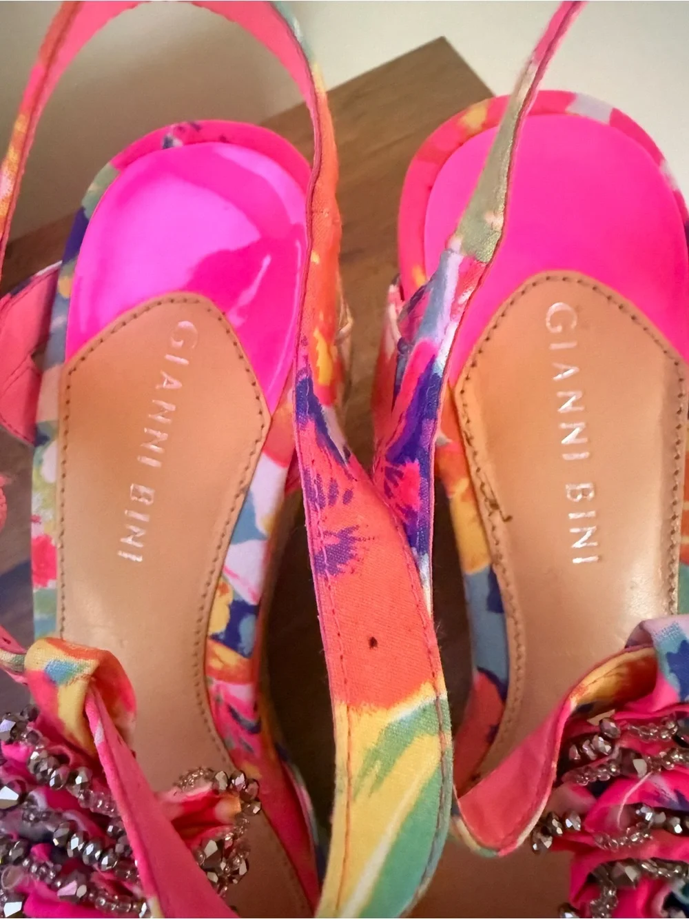 Gianni Bini Neon Pink Multi Floral Cork Wedge Sandals